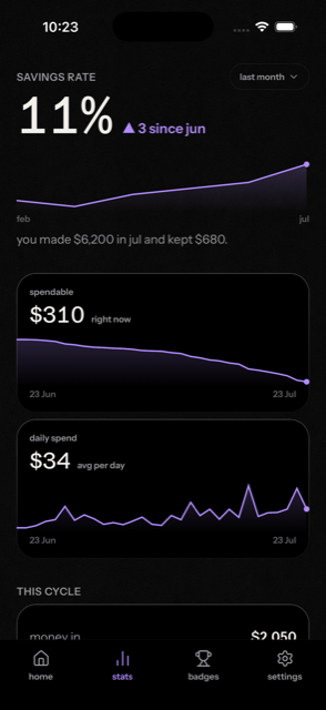 LVLD stats screen showing savings rate and daily spend charts